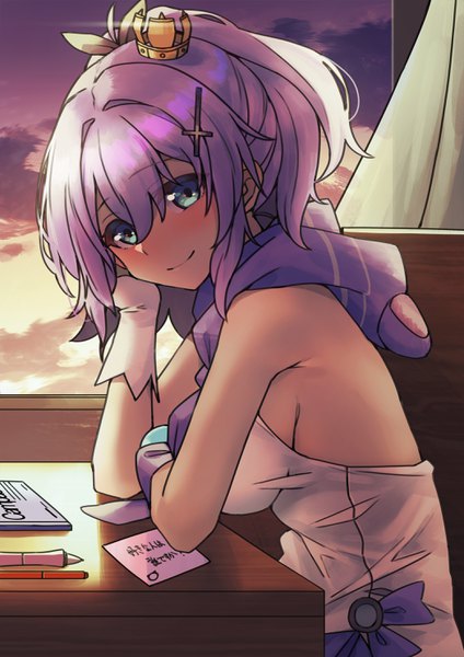 Anime picture 2100x2972 with azur lane javelin (azur lane) ashisi single tall image looking at viewer blush fringe highres short hair breasts light erotic smile hair between eyes sitting payot sky purple hair cloud (clouds) ponytail