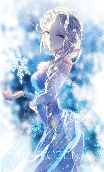Anime picture 777x1283 with frozen (disney) disney elsa (frozen) domotolain long hair tall image looking at viewer blush open mouth blue eyes white hair braid (braids) snowing girl dress hair ornament detached sleeves snowflake (snowflakes) snowflake hair ornament