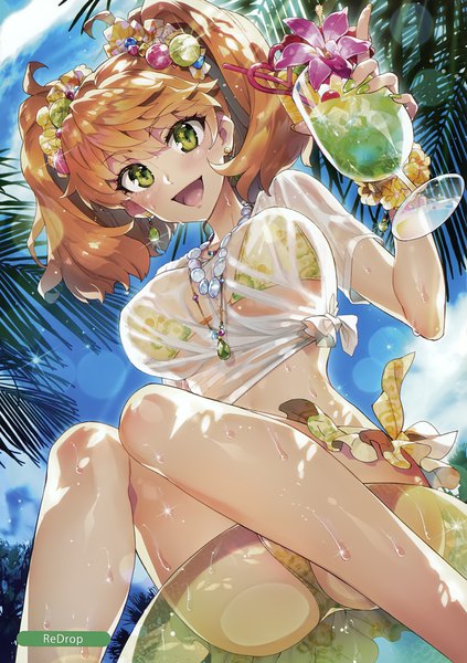 Anime picture 2465x3500 with melonbooks redrop single tall image looking at viewer blush fringe highres short hair breasts open mouth light erotic smile hair between eyes sitting twintails holding green eyes sky cloud (clouds)