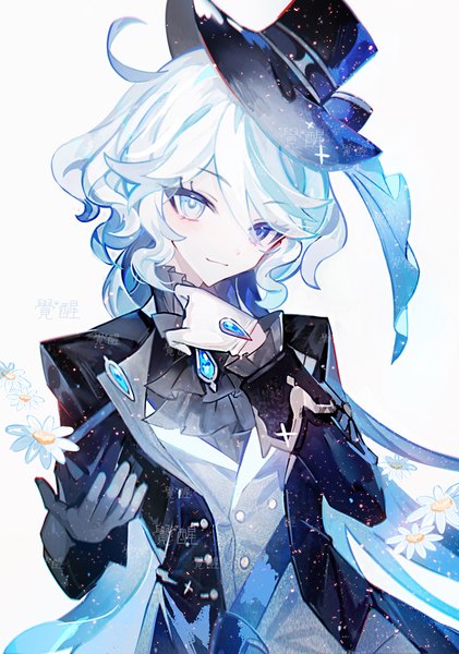 Anime picture 800x1140 with genshin impact furina (genshin impact) juexing (moemoe3345) single long hair tall image looking at viewer fringe blue eyes simple background hair between eyes white background silver hair upper body ahoge heterochromia girl gloves flower (flowers) hat