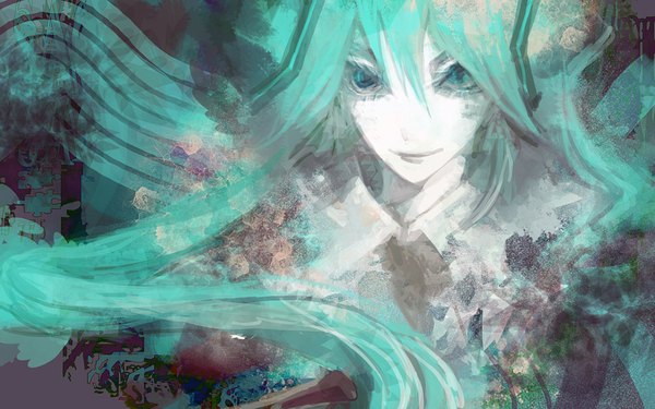 Anime picture 1024x640 with vocaloid hatsune miku ying (artist) single smile wide image aqua eyes aqua hair girl