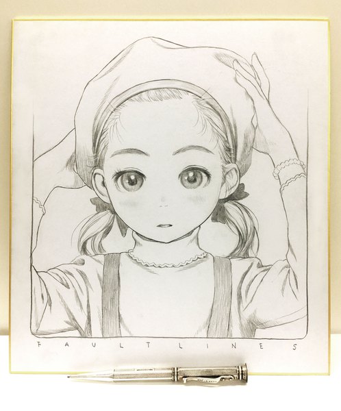 Anime picture 2947x3553 with original range murata single tall image looking at viewer highres short hair twintails long sleeves parted lips arms up low twintails monochrome traditional media graphite (medium) photo (medium) girl bow hair bow bracelet