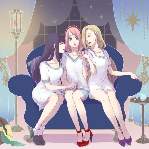 Anime picture 1000x1000 with naruto studio pierrot naruto (series) hyuuga hinata haruno sakura yamanaka ino suzuaki (starriver) long hair looking at viewer fringe blonde hair smile sitting multiple girls green eyes pink hair purple hair eyes closed lips hair over one eye