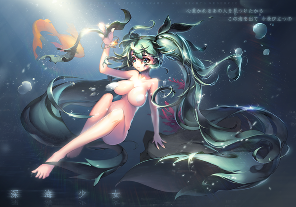 Anime picture 1600x1122 with vocaloid hatsune miku apple caramel breasts light erotic large breasts twintails bare shoulders bent knee (knees) very long hair barefoot aqua eyes sunlight aqua hair bare legs bare belly no shoes underwater sunbeam girl