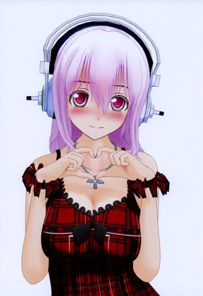 Anime picture 2377x3460 with nitroplus super sonico tsuji santa single long hair tall image blush highres simple background white background bare shoulders pink hair pink eyes scan heart hands girl dress frills headphones pendant