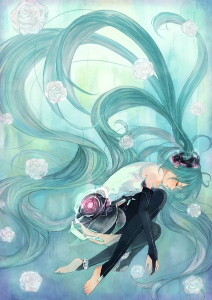 Anime picture 1748x2480 with vocaloid vocaloid append hatsune miku hatsune miku (append) pisuke tall image highres simple background twintails eyes closed very long hair nail polish barefoot aqua hair aqua nail polish toenail polish girl water rose (roses)