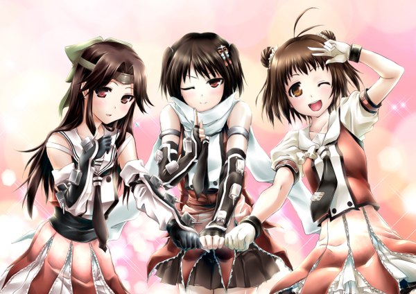 Anime picture 1273x900 with kantai collection sendai light cruiser makxma long hair looking at viewer blush short hair black hair smile red eyes brown hair multiple girls brown eyes one eye closed wink two side up girl gloves bow hair bow