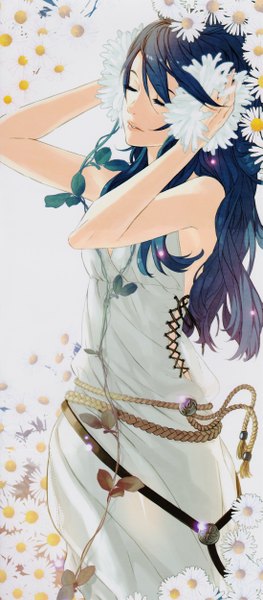Anime picture 2194x5000 with fire emblem fire emblem awakening lucina (fire emblem) kozaki yusuke single long hair tall image highres open mouth black hair simple background white background bare shoulders blue hair eyes closed hair flower sunlight scan lacing girl