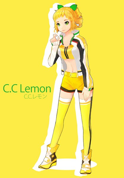 Anime picture 750x1077 with original c.c. lemon c.c. lemon (character) sera (kpj11) single tall image looking at viewer short hair blonde hair green eyes yellow eyes girl thighhighs navel jacket shorts