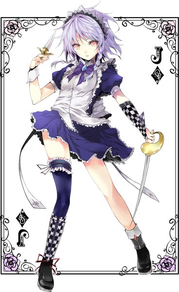 Anime picture 990x1615 with touhou izayoi sakuya atoshi single tall image looking at viewer short hair simple background white background holding purple hair full body braid (braids) parted lips pink eyes maid puffy sleeves twin braids framed fighting stance