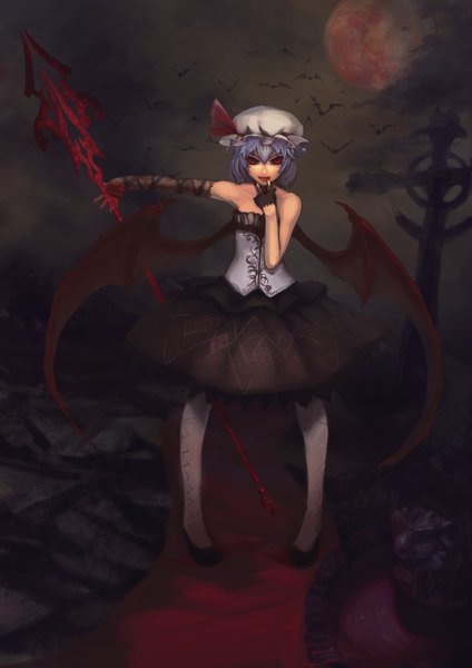 Anime picture 2480x3507 with touhou remilia scarlet charimei tall image highres short hair red eyes standing bare shoulders purple hair alternate costume finger to mouth bat wings river red moon girl skirt gloves weapon wings