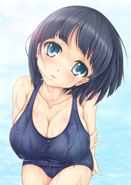 Anime picture 1000x1412 with sword art online a-1 pictures kirigaya suguha kishimen single tall image looking at viewer blush short hair breasts blue eyes light erotic black hair large breasts cleavage wet girl swimsuit one-piece swimsuit school swimsuit