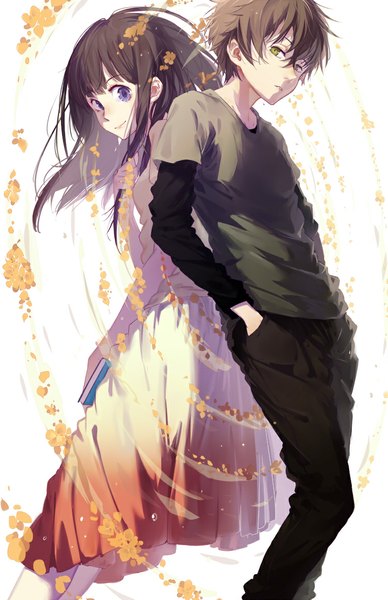 Anime picture 750x1159 with hyouka kyoto animation chitanda eru oreki houtarou cici long hair tall image short hair blue eyes black hair green eyes couple hands in pockets back to back girl dress boy flower (flowers) book (books)
