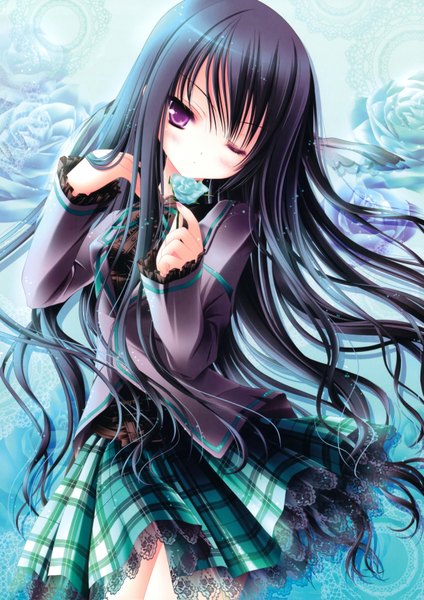 Anime picture 4744x6710 with love kano tinker bell long hair tall image highres black hair purple eyes absurdres one eye closed wink girl skirt flower (flowers) miniskirt shirt