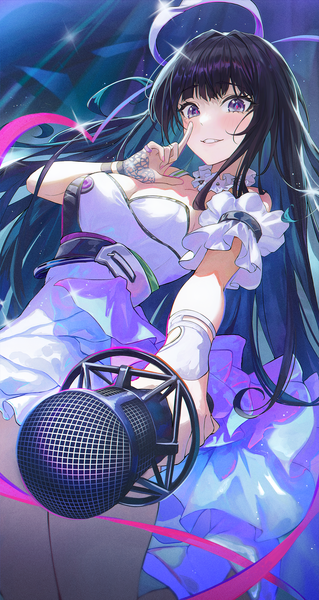 Anime picture 1477x2780 with girls frontline girls' frontline neural cloud nanaka (neural cloud) matsogum single long hair tall image looking at viewer fringe black hair smile purple eyes sparkle from below finger to mouth girl dress halo microphone