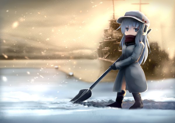 Anime picture 1500x1060 with kantai collection hibiki destroyer verniy destroyer abchipika single long hair looking at viewer blue eyes silver hair full body wind blurry depth of field snowing snow hammer and sickle cleaning girl boots scarf
