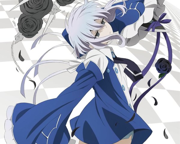 Anime picture 1280x1024 with pandora hearts xebec echo (pandora hearts) single short hair simple background long sleeves grey hair black eyes girl dress flower (flowers) petals necktie