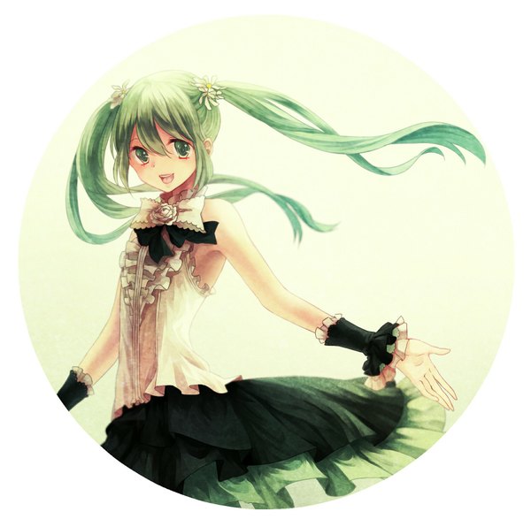 Anime picture 1860x1849 with vocaloid hatsune miku yuji kazakiri single long hair looking at viewer highres open mouth white background twintails bare shoulders hair flower aqua eyes aqua hair spread arms girl dress hair ornament flower (flowers) frills