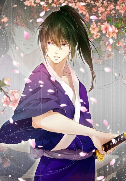 Anime picture 800x1151 with gintama sunrise (studio) hijikata toshiro ke (pixiv) single long hair tall image blue eyes brown hair looking away ponytail traditional clothes japanese clothes grey background teeth cherry blossoms fighting stance zoom layer samurai boy