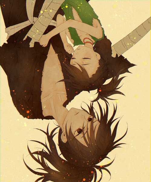 Anime picture 1702x2048 with dororo (tezuka) hyakkimaru (dororo) dororo (character) pixiv id15748975 long hair tall image fringe highres short hair black hair simple background hair between eyes bare shoulders brown eyes looking away ponytail eyes closed traditional clothes japanese clothes floating hair