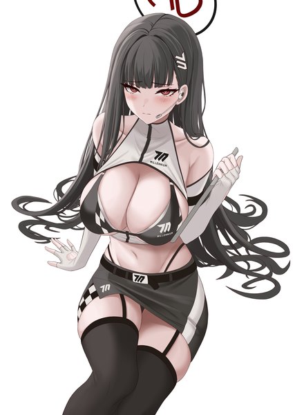 Anime-Bild 2549x3583 mit blue archive rio (blue archive) epko single long hair tall image looking at viewer blush fringe highres breasts light erotic black hair simple background red eyes white background bare shoulders holding cleavage blunt bangs