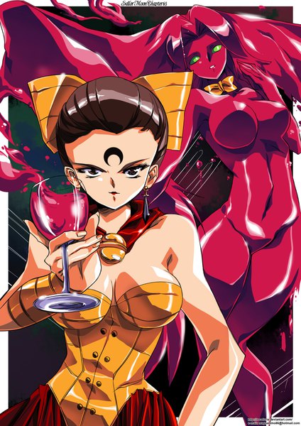 Anime picture 2480x3507 with bishoujo senshi sailor moon toei animation sailor moon monster book ayakashi calaveras hinomars19 tall image looking at viewer highres light erotic brown hair brown eyes green eyes cleavage border monster girl forehead mark red skin girl bow hair bow