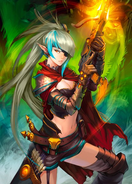 Anime picture 1152x1600 with original asuka111 single long hair tall image blue hair multicolored hair pointy ears grey hair two-tone hair orange eyes streaked hair magic glowing girl navel weapon belt armor cape