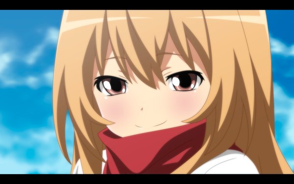 Anime picture 2311x1450 with toradora j.c. staff aisaka taiga jbeenz single long hair blush highres blonde hair smile brown eyes sky cloud (clouds) coloring letterboxed close-up face girl scarf