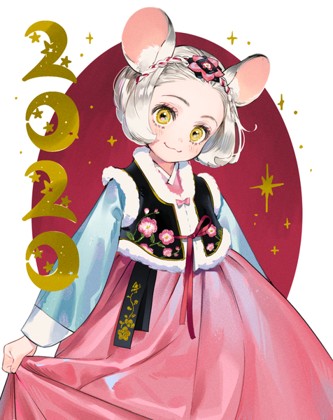 Anime picture 700x882 with original nishita single tall image short hair animal ears yellow eyes white hair traditional clothes head tilt new year :3 2020 mouse ears korean clothes girl hair ornament hanbok