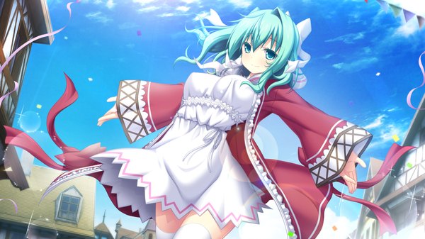 Anime picture 1280x720 with tenbin no la dea eushully single looking at viewer short hair blue eyes wide image blue hair game cg sky cloud (clouds) spread arms girl dress bow hair bow