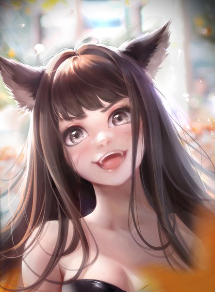 Anime picture 1240x1680 with dungeon and fighter flute (artist) single long hair tall image looking at viewer blush fringe breasts open mouth smile brown hair animal ears cleavage upper body blunt bangs head tilt :d blurry cat ears