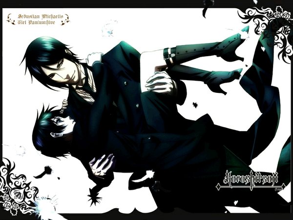 Anime picture 1024x768 with kuroshitsuji a-1 pictures sebastian michaelis ciel phantomhive short hair blue eyes black hair red eyes inscription multiple boys butler boy gloves necktie shorts boots 2 boys suit