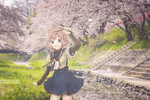 Anime picture 1280x853 with original our happiness maki (natoriumu) single long hair looking at viewer open mouth blue eyes brown hair standing signed long sleeves :d pleated skirt cherry blossoms photo background stream girl skirt uniform