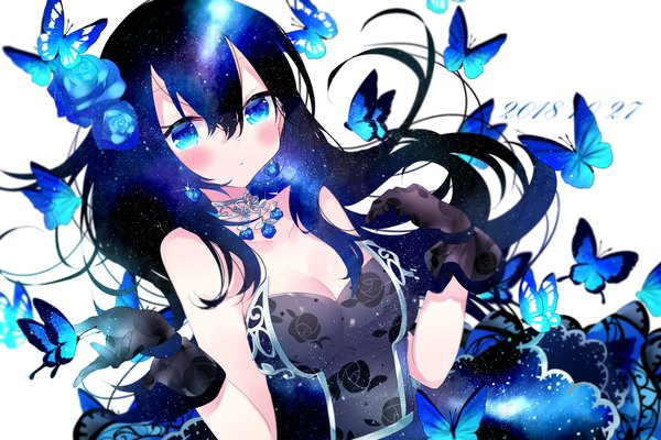 Anime picture 1200x800 with idolmaster idolmaster cinderella girls idolmaster cinderella girls starlight stage sagisawa fumika remimim single long hair blush fringe blue eyes simple background hair between eyes white background cleavage hair flower dated starry sky print alternate hair color double exposure silent banquet