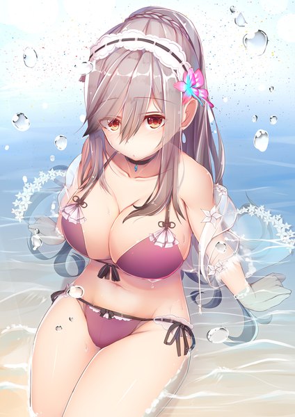 Anime picture 1414x2000 with azur lane dunkerque (azur lane) dunkerque (summer sucre) (azur lane) if (asita) single long hair tall image looking at viewer blush fringe breasts light erotic hair between eyes red eyes large breasts sitting payot cleavage ponytail braid (braids)