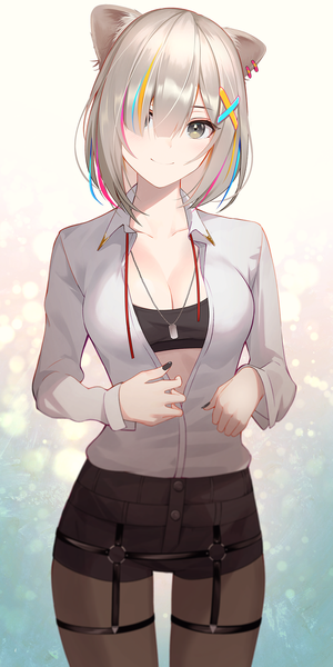 Anime picture 1133x2268 with virtual youtuber hololive shishiro botan shishiro botan (3rd costume) kainown single tall image looking at viewer blush fringe short hair breasts light erotic simple background smile standing animal ears cleavage silver hair blunt bangs