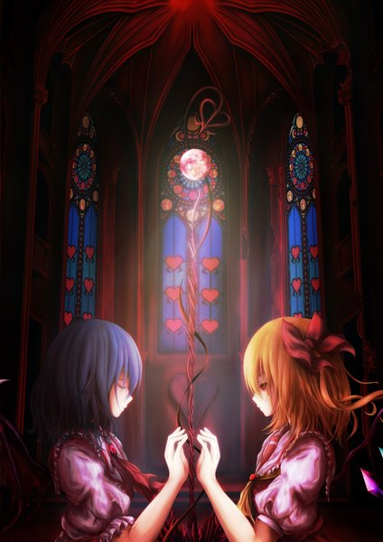 Anime picture 1240x1754 with touhou flandre scarlet remilia scarlet taketiyi (artist) tall image short hair blue eyes blonde hair red eyes multiple girls ponytail eyes closed profile short sleeves puffy sleeves side ponytail face to face siblings bat wings sisters