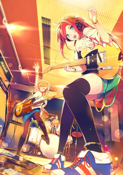 Anime picture 700x990 with original marshall hiwatari makoto ryuji (ikeriu) long hair tall image looking at viewer blush short hair open mouth blonde hair red eyes standing sitting bare shoulders signed ahoge bent knee (knees) red hair indoors
