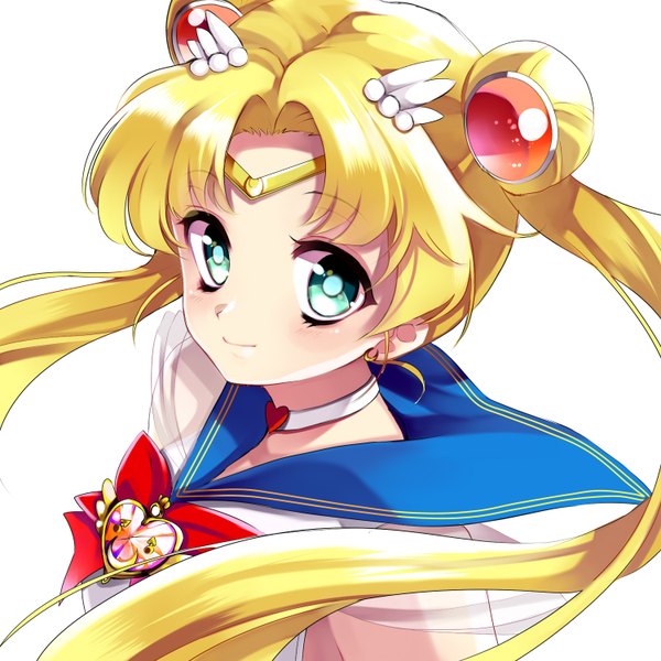 Anime picture 1500x1500 with bishoujo senshi sailor moon toei animation tsukino usagi sailor moon super sailor moon kurabayashi single long hair looking at viewer blush simple background blonde hair smile white background twintails green eyes portrait girl bow earrings