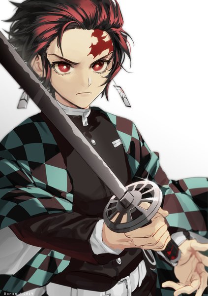 Anime picture 1200x1703 with kimetsu no yaiba ufotable kamado tanjirou doran7280 single tall image short hair simple background red eyes white background upper body red hair traditional clothes japanese clothes scar serious checkered boy weapon earrings