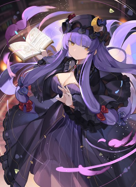 Anime-Bild 1166x1594 mit touhou patchouli knowledge rin falcon single long hair tall image fringe breasts large breasts yellow eyes cleavage purple hair blunt bangs from above tress ribbon girl bow hair bow hat book (books)