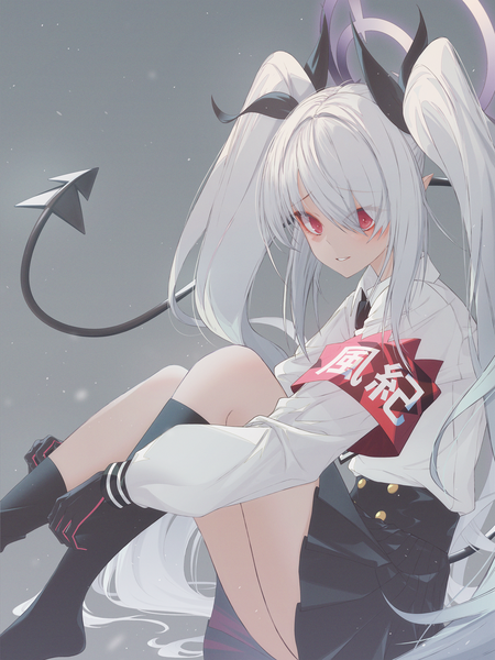 Anime picture 2250x3000 with blue archive iori (blue archive) 2no (pixiv75196219) single tall image looking at viewer blush fringe highres simple background smile red eyes sitting twintails payot bent knee (knees) white hair tail long sleeves very long hair