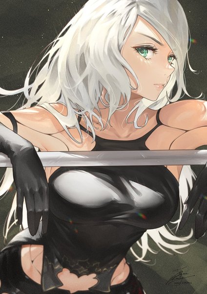 Anime picture 1061x1500 with nier nier:automata yorha type a no. 2 fadingz single long hair tall image looking at viewer simple background green eyes signed silver hair upper body sleeveless turning head black background girl gloves black gloves android