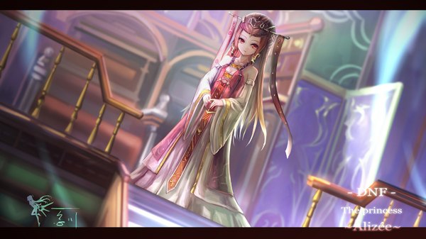 Anime picture 1600x899 with dungeon and fighter wangchuan de quanyan single long hair looking at viewer red eyes brown hair wide image standing letterboxed girl dress detached sleeves
