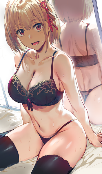 Anime picture 5273x8988 with lycoris recoil nishikigi chisato hews single tall image looking at viewer fringe highres short hair breasts open mouth light erotic blonde hair smile hair between eyes red eyes large breasts sitting absurdres ass
