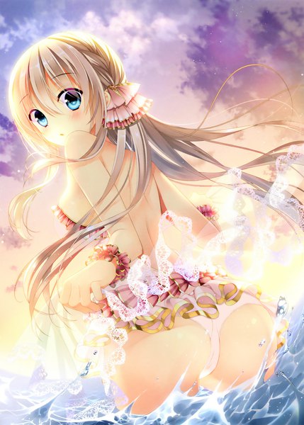 Anime picture 2000x2798 with original yadapot single long hair tall image looking at viewer blush fringe highres breasts open mouth light erotic blonde hair hair between eyes bare shoulders payot sky cloud (clouds) ass braid (braids)
