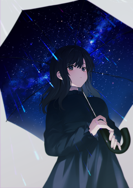 Anime picture 707x1000 with original achiki single long hair tall image looking at viewer blush fringe black hair simple background hair between eyes standing holding long sleeves black eyes grey background from below rain starry sky print double exposure