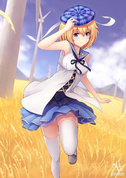 Anime picture 744x1052 with original hananon single tall image looking at viewer blush fringe short hair blue eyes blonde hair sky cloud (clouds) light smile sleeveless girl thighhighs dress white thighhighs
