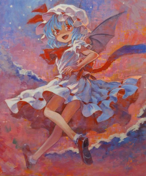 Anime picture 2501x2999 with touhou remilia scarlet ama-tou single tall image looking at viewer blush highres short hair open mouth red eyes blue hair cloud (clouds) flying bat wings traditional media girl dress wings bonnet