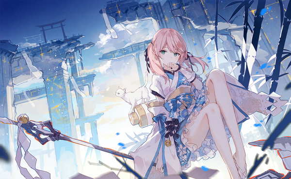 Anime picture 1390x859 with original asuka (louyun) single long hair looking at viewer blush fringe blue eyes hair between eyes wide image sitting twintails green eyes pink hair cloud (clouds) bent knee (knees) outdoors traditional clothes japanese clothes wind